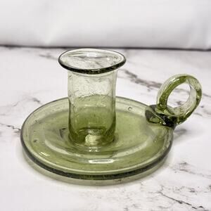 Vintage Green Glass Chamberstick Candle Holder with Handle Finger Ring